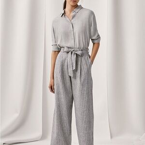 Uniqlo Belted linen cotton wide leg grey pinstripe pants